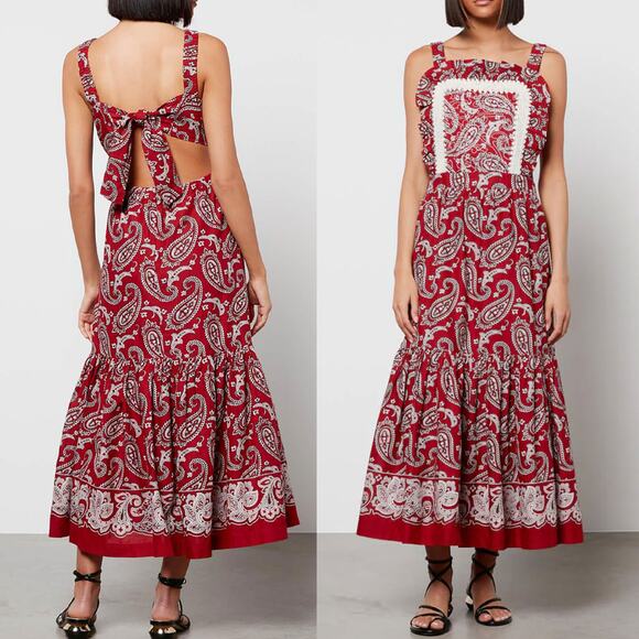 SEA NEW YORK Theodora Bow Cut Out Back Maxi Dress in Red Paisley Size 8 - Picture 1 of 15